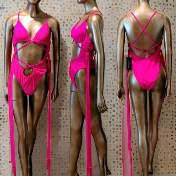 NWT PLT Hot Pink Strappy Tassel Side One Piece Swimsuit Sz 10 - Picture 2 of 6